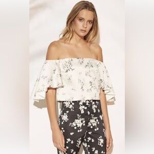 NWOT Amur Bianca Off Shoulder Satin Crop Top Women's Size 0 Floral Ruffle Sleeve